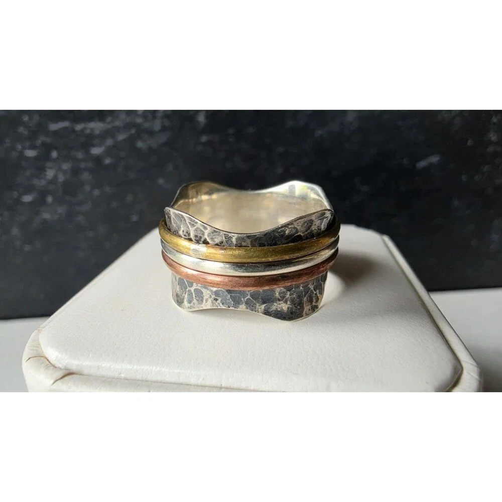 Doug Paulus 925 Hammered Silver Tricolored Spinner Ring, Size US 9 Vintage